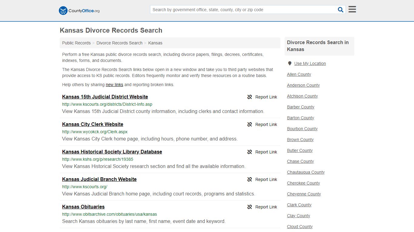 Kansas Divorce Records Search - County Office